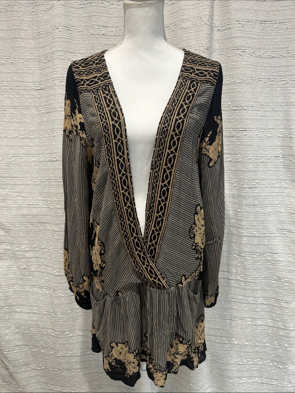 Free People Black and Beige Floral Patchwork Tunic Dress